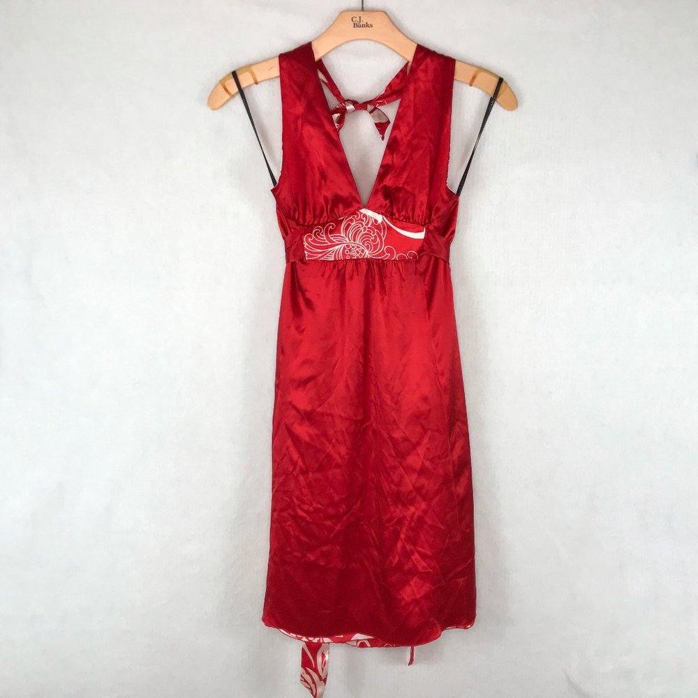 Silk Dress Womens Small Yanak for bebe Red White Reversible Halter Neck Tie